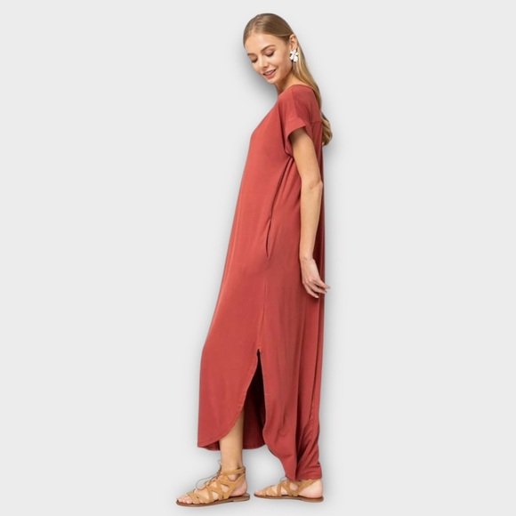 Entro Casual Loose Fit Short Sleeve V-Neck Split Hem Maxi Dress Redwood Large - Picture 3 of 12
